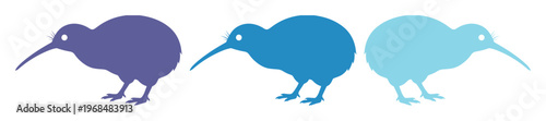 Kiwi bird vector silhouettes, three distinct blue and purple kiwi bird illustrations, flat graphic design elements for wildlife and nature themes, isolated on white background