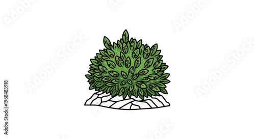 A stylized, green, bushy plant with small, dark red berries sits atop rough, light-colored rocks