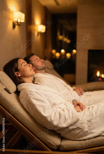 Relaxed Couple Wearing White Robes Resting On Lounge Chairs In Dimly Lit Luxury Spa Treatment Room