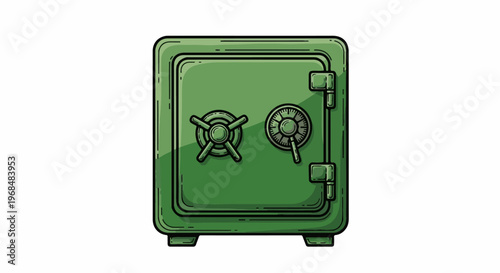 A stylized green safe with a locked dial and a wheel-shaped handle
