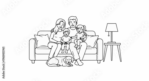 A happy family of four and their dog relax on a sofa