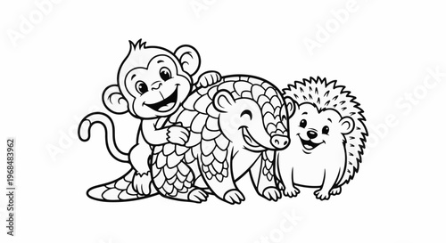 A happy monkey, pangolin, and hedgehog friends in cartoon style