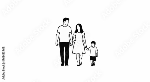A simple black and white outline illustration of a family of three