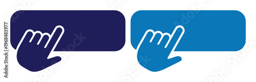 Click button icon set, dark blue and light blue call-to-action buttons with hand cursor, interactive web design elements, user interface vector graphics