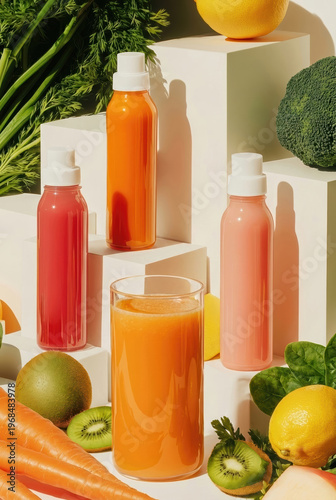 Assorted Fresh Fruit And Vegetable Smoothies In Plastic Bottles On White Geometric Display With Raw Ingredients