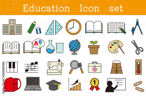 シンプルでカラフルな学校にあるもののイラストアイコンセット｜教科の素材や教材などのイラスト集