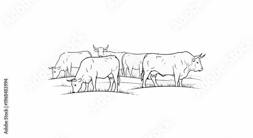 A herd of cattle grazing on a grassy field, drawn in a simple line art style