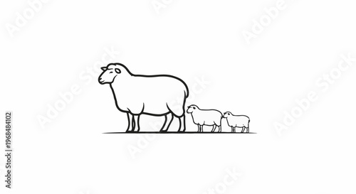 A large sheep stands with two smaller sheep beside it, in a minimalist style