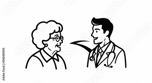 A stylized illustration of a smiling doctor in a suit with a stethoscope and an elderly woman talking