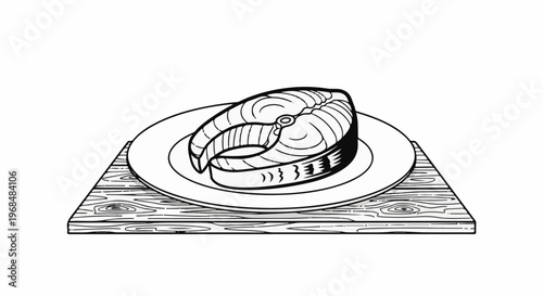 A single slice of raw fish rests on a plate atop a wooden surface