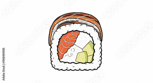 A single rolled sushi piece with salmon and avocado filling, isolated on white