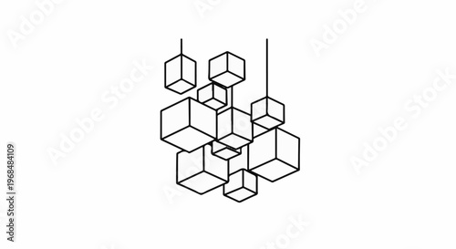 Abstract cluster of hanging geometric cubes in a scattered arrangement