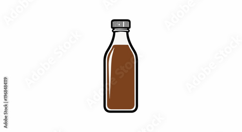 A stylized illustration of a glass bottle filled with a brown liquid