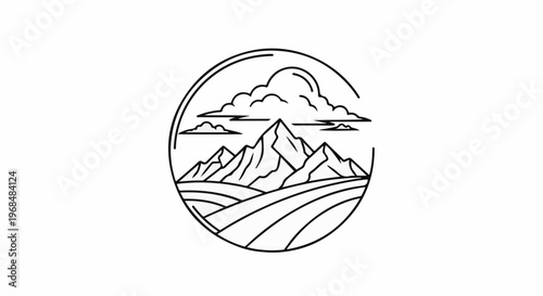 Abstract circular mountain and cloud landscape in minimalist outline style