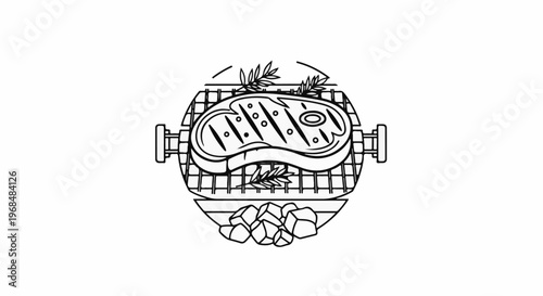 A stylized illustration of a grilled steak on a barbecue with herbs and coals