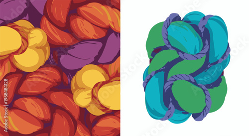 Abstract colorful pattern of woven shapes and textured segments