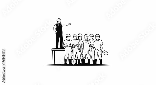 A leader gestures toward a group of workers with tools, in a simplified linework style