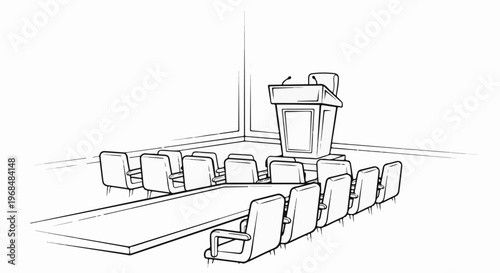 A sketch of a conference room with a podium and seating