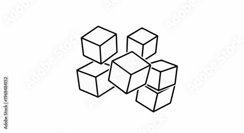 Abstract composition of six interlocking cubes, viewed from a perspective