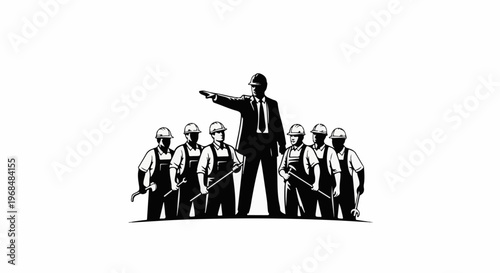 A leader in a suit and tie directs a group of workers
