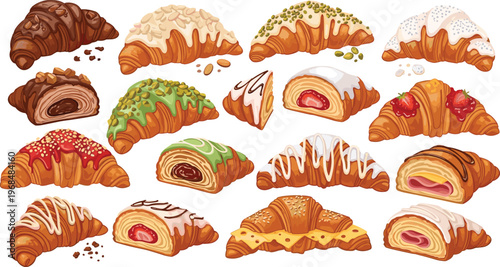 Assorted croissant and pastry varieties vector set featuring chocolate almond cream filled baked goods detailed bakery collection isolated on white