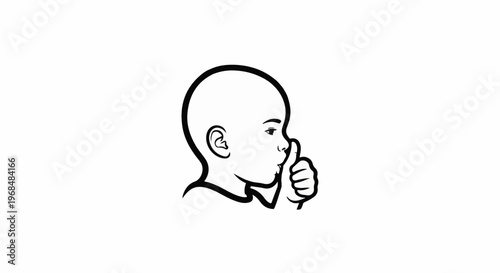 A simple black outline drawing of a child's profile holding a finger to their lips