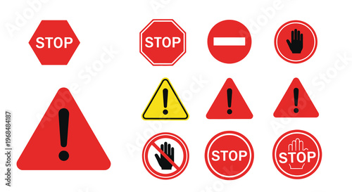 Collection of colorful road signs including a distinct hand silhouette