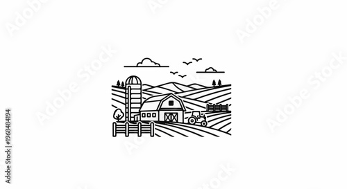 A line art illustration depicts a farm with a barn, silo, tractor, fence, and rolling fields