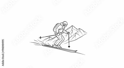 A sketch of a skier descending a snowy mountain slope with poles