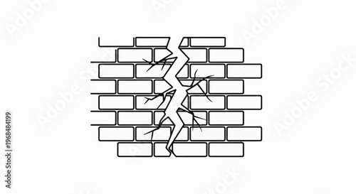 A stylized line drawing depicts a brick wall with a large, jagged crack splitting it vertically