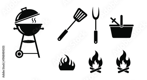 Barbecue tools flames and picnic basket in a flat design silhouette