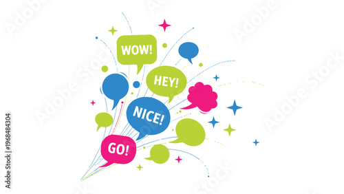 Burst of Communication: A vibrant illustration showcasing an explosion of speech bubbles, each emblazoned with energetic exclamations.