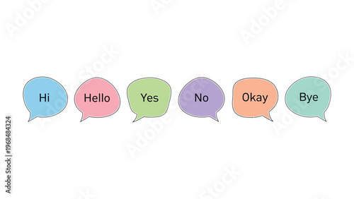 Dialogue Bubbles: A charming and colorful array of six dialogue bubbles displaying common conversational starters and responses. Each bubble, a unique hue, offers a friendly greeting, agreement.