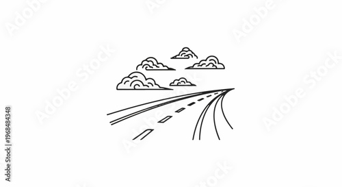 A stylized line drawing shows a winding road leading towards the horizon under a sky with clouds