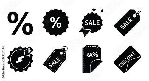 Black sale tags and percentage signs in a bold silhouette