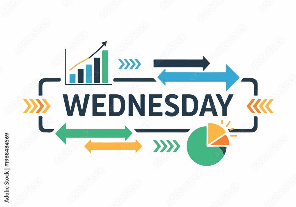 Fototapeta premium Wednesday Business Progress Dynamic graphic with charts and arrows symbolizing midweek growth, data analysis, and strategic planning