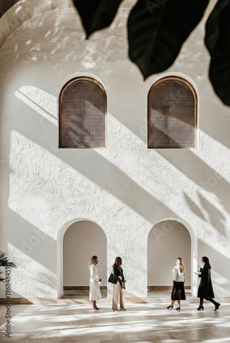 Professional Women Standing In Modern Arched Hallway With Dramatic Sunlight Shadows On Textured White Wall
