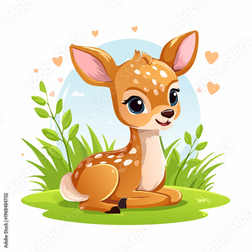 Niedliches Rehkitz sitzt im Gras – Cartoon Stil