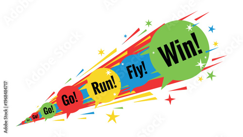 Motivation Burst: Vibrant speech bubbles cascade across the frame, proclaiming a message of victory, encapsulating the spirit of action and the exhilaration of achievement. 