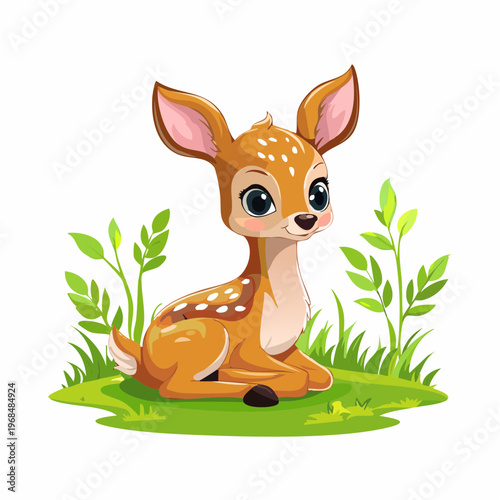 Niedliches Rehkitz sitzt im Gras – Cartoon Stil
