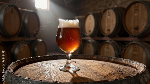 A glass of dark beer sits atop a wooden barrel in a rustic cellar surrounded by aging barrels.