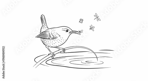 A small bird perched on a branch, holding an insect in its beak, near water