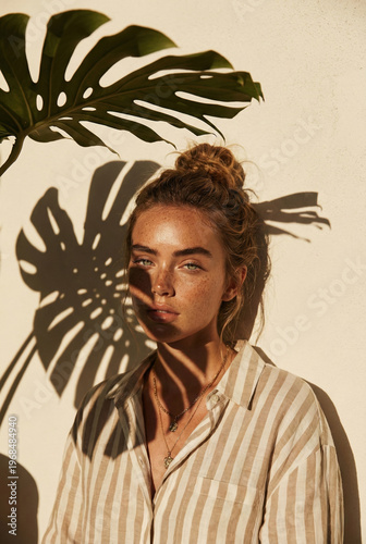 Artistic Portrait Of Natural Beauty In Sunlight With Tropical Plant Shadow Patterns