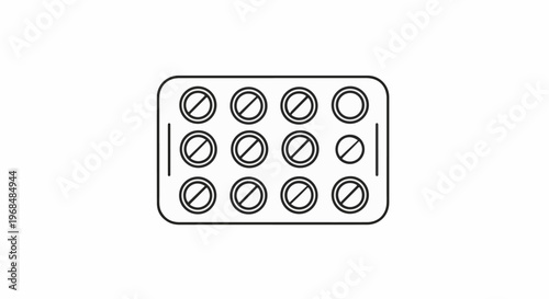 A simple line art illustration of a blister pack with twelve circular pills