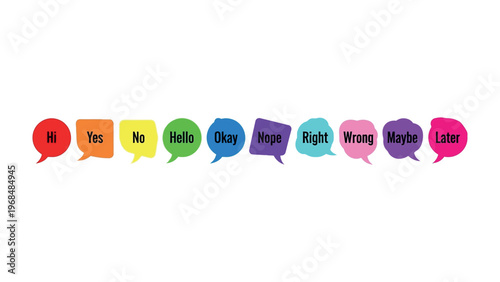 Chat Bubbles Conversation: A collection of vibrant chat bubbles, each displaying a single, concise word, arranged to represent an array of conversational prompts and responses.