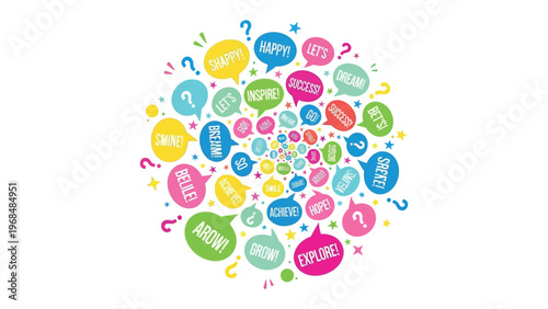 Vibrant Circle of Inspirational Bubbles: A colorful spiral of speech bubbles bursts with uplifting words, inspiring creativity and positive vibes.