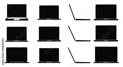Collection of laptop computer silhouettes in various open and closed positions