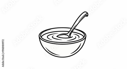 A simple line drawing depicts a bowl filled with a liquid, with a spoon submerged