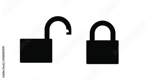 Two padlocks one open and one closed depicted in black silhouette
