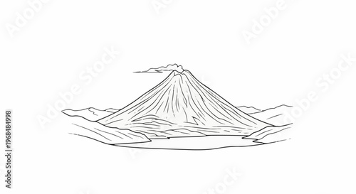 A simple line drawing depicts a conical volcano with smoke emanating from its peak